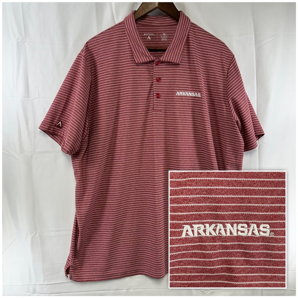 Arkansas Razorbacks Antigua Polo Shirt Mens 2XL Red Striped‎ NCAA Performance